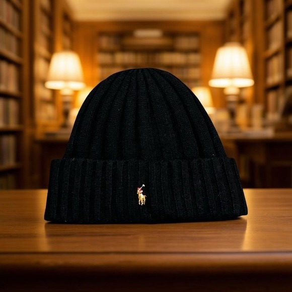 Polo Ralph Lauren Other - Polo Ralph Lauren Black Ribbed Beanie Hat Multi-Color Pony Wool Blend PP0054 NWT